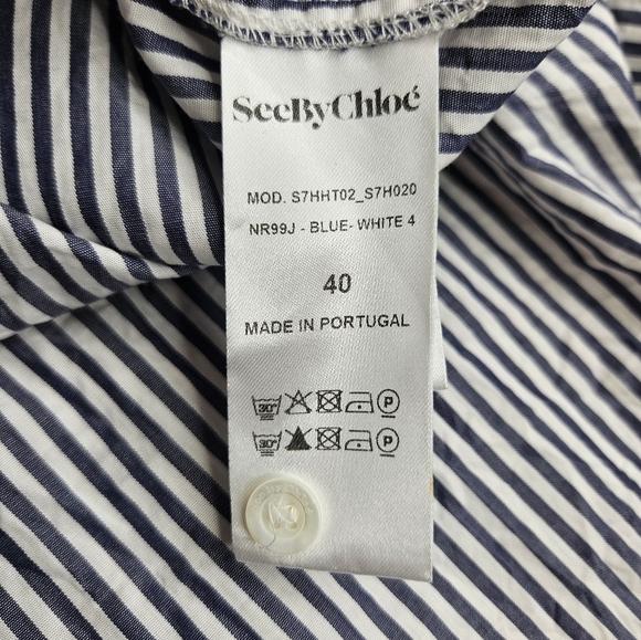 See By Chloe Mock Neck Button Front Striped Tunic Shirt Size 40 Blue White - Picture 6 of 12